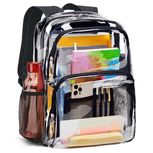 Vorspack Clear Backpack Heavy Duty - Large Clear Bookbag Transparent See Through Backpack Plastic Backpacks for College Work Travel - Black