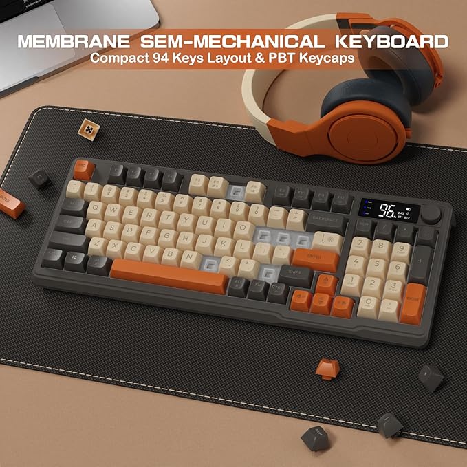 ZIYOU LANG M96 Wireless Gaming Silent Membrane Keyboard,Display Screen & Knob with Multimedia Keys Dual Mode Bluetooth/2.4Ghz,Rainbow Backlight 94Keys Ball Shape PBT Keycap ANSI Layout for Win/Mac