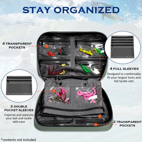 SLINRKE Fishing Tackle Organizer Bag - Soft Bait Binder with 4 Single Pocket Sleeves and 2 Double Pocket Sleeves for Lines, Hooks, Sinkers (Green)