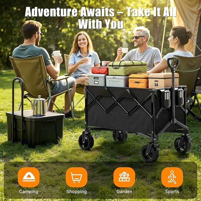Collapsible Wagon Cart with Universal Wheels, 480LBS Wagons Carts Heavy Duty Collapsible Wagon with Cup Holders, Utility Beach Carts for Camping, Garden, Shopping, Fishing, Sports