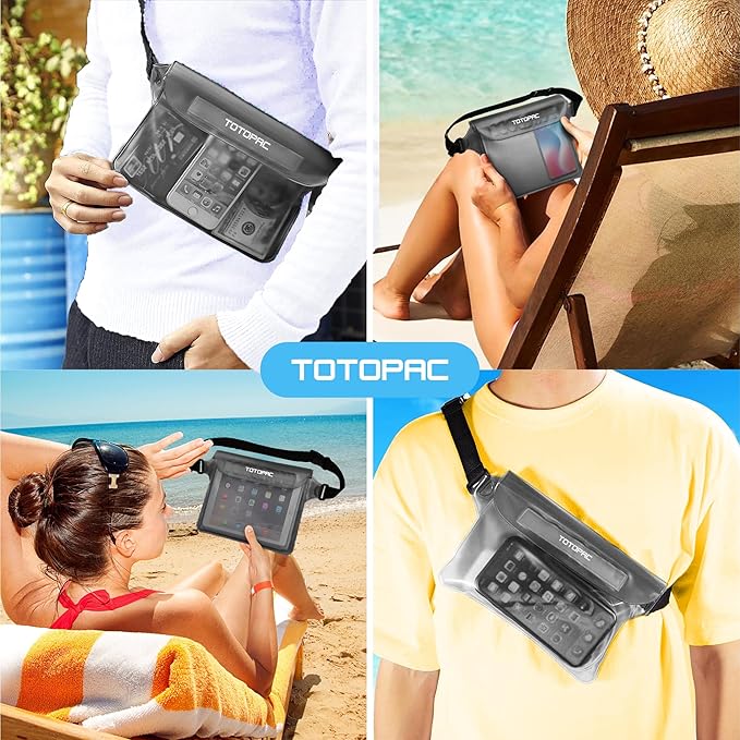 2-Pack Waterproof Fanny Pack, Phone Pouch with Waist Strap, 9x6.7 Inch Dry Bag for Phone, Cash, and Valuables – for Swimming, Kayaking, Boating, Snorkeling, and Water Sports (2, Grey + White)