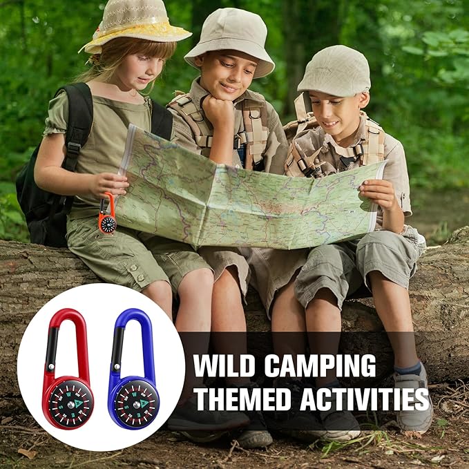 TOODOO 32 Pcs Compass Keychain for Kids Adventure Camping Small Keychain Belt Clips With Holes Compass Metal Buckle Keychain Outdoor Camping Party Favors