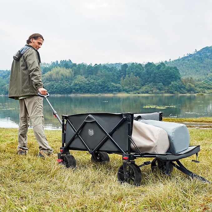 TIMBER RIDGE 47" L Collapsible Folding Wagon with Tailgate, 300lbs Heavy Duty Beach Wagon with All-Terrain Big Wheels, 250L Foldable Utility Cart for Sand Camping Sports Shopping, Grey