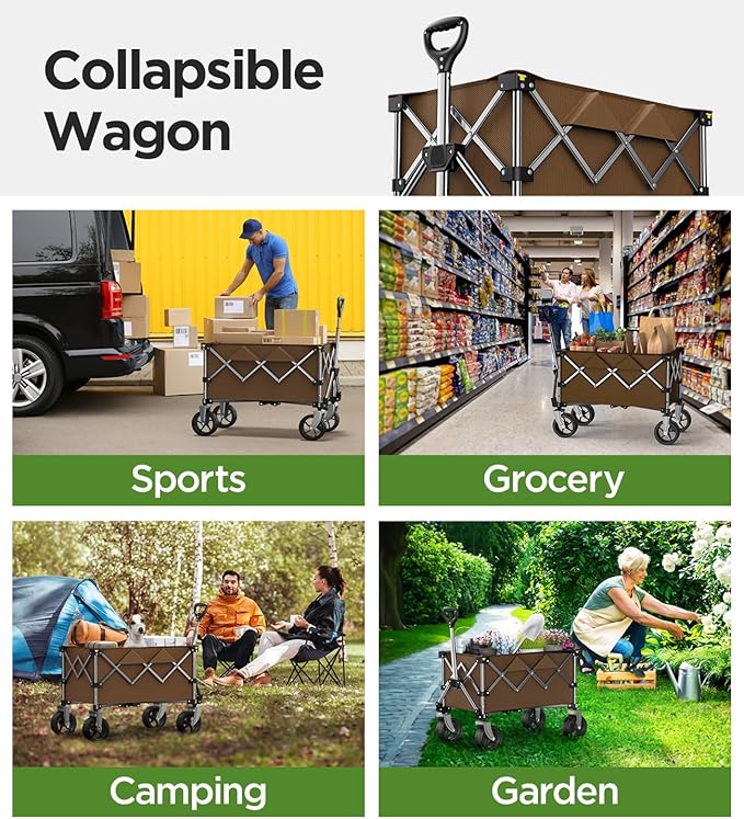 Beach Wagon,CollapsibleWagon 220lbs with Big Wheels Foldable Wagon Carts,Portable Utility for Garden Grocery Sports Camping All Terrain-Khaki