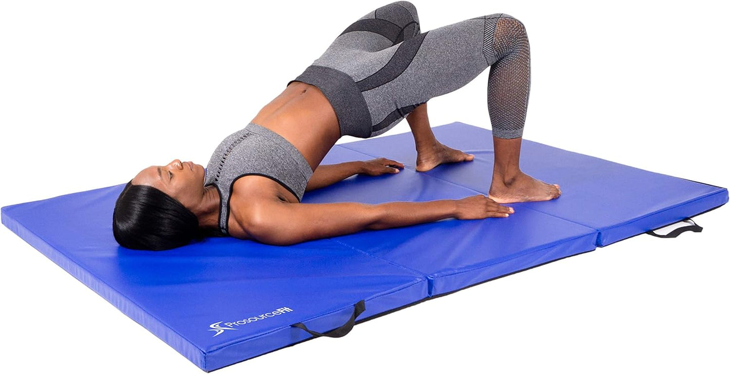 ProsourceFit Tri-Fold Folding Thick Exercise Mat 6’x4’ with Carrying Handles for Tumbling, Martial Arts, Gymnastics, Stretching, Core Workouts, Blue
