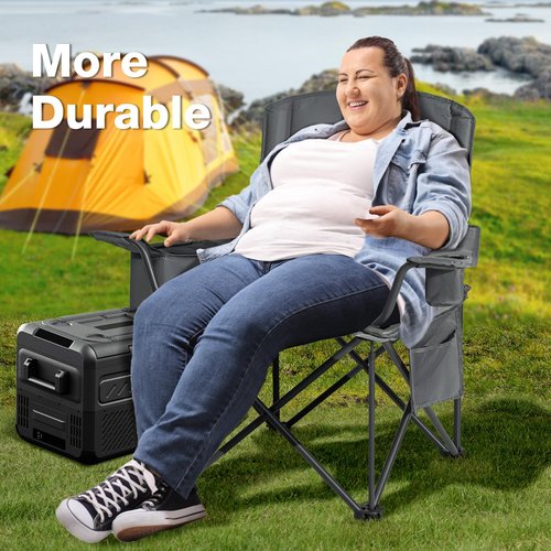 RELAX FIELD Oversized Folding Camping Chair, Heavy Duty Support 500LBS Outdoor Chair with Cup Holder Storage and Cooler Pouch, Collapsible Padded Arm Chair for Sports Garden Beach Fishing, Grey