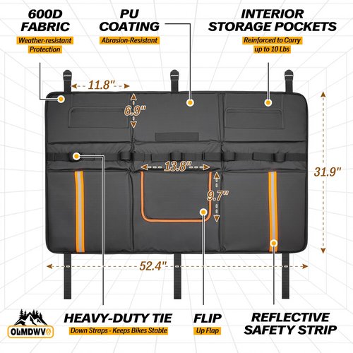 Tailgate Bike Pad for Mountain Bike, Tailgate Cover Made with 600D Material and PU Coating, Flip-up Flap, Tailgate Protector with Reflective Strips and Tool Pockets for Full-Size Trucks, 5 Bikes