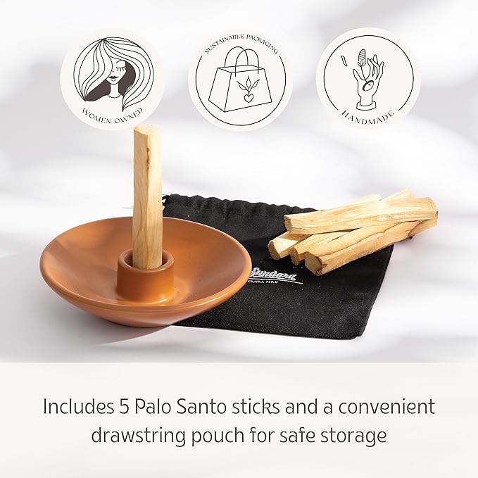 Luna Sundara Authentic Peru Pottery Palo Santo Stick Holder and Incense Holder Includes 5 Palo Santo Sticks Handmade Ceramic Smudge Bowl Sage Holder Palo Santo Holder (Brown)