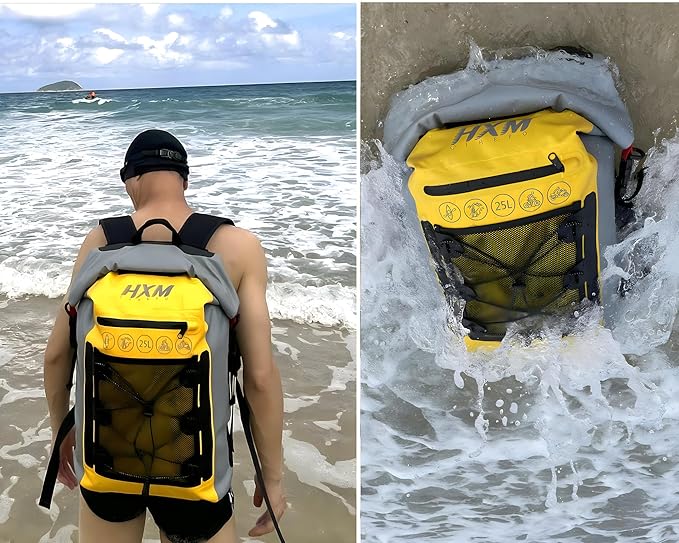 Waterproof Floating Backpack, Expandable 25L-30L Egronomic Dry Bags, Multipurpose Daypacks for Hiking, Camping, Water sports, Snow Sports (Blue+Black)