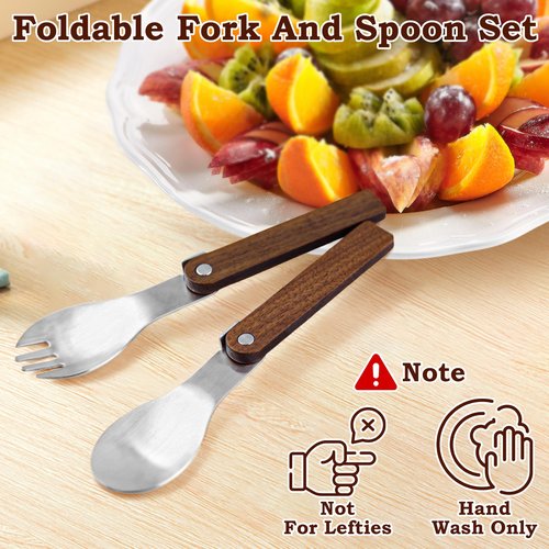 Foldable Fork and Spoon Set, 2pcs Portable Folding Spoon and Fork Set With Plastic Storage Case, Foldable Spoon Portable Fork With Wooden Handle For Travel Camping Outdoors Picnic