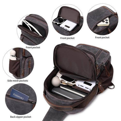 BOVIP Sling Bag for Men - Crossbody Chest Shoulder Bag Waterproof Waxed Canvas Sling Backpack - Casual Daypack for Travel, Black, Gray