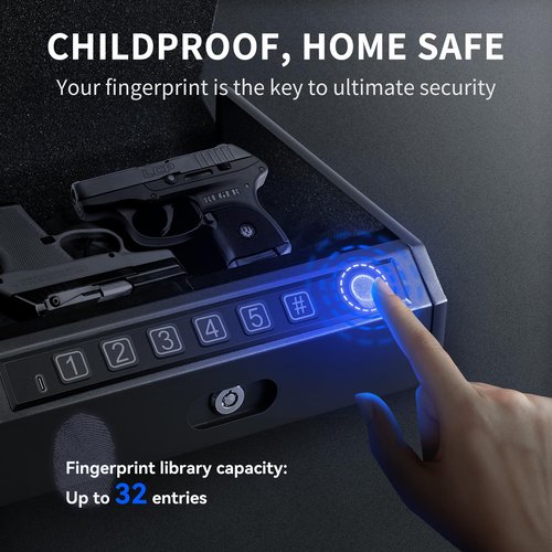 ADIMO Hand Gun Safe, Biometric Gun Safe for Handgun, Pistol with 3 Quick-Access Way Fingerprint/Keypad/Key, SafeBox w/Mute Function for Secure Storage for Bedside Nightstand Car