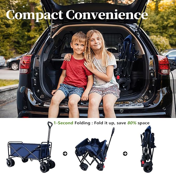 Collapsible Folding Wagon, Capacity 300lbs Heavy Duty Foldable Cart with Two Drink Holders, Portable Utility Grocery Wagon for Camping Shopping Sports, Blue