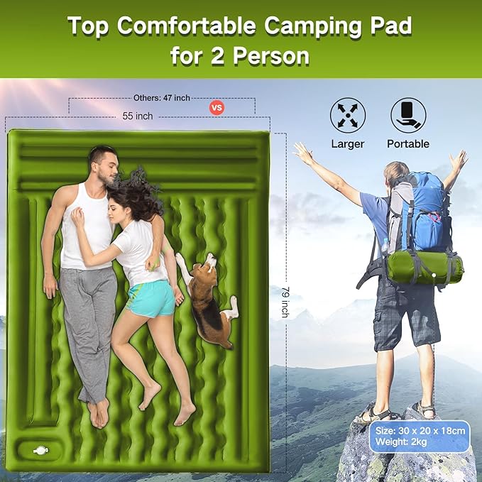 Double Sleeping Pad Camping, Self Inflating 6'' Extra-Thick 2 Person Pillow Built-in Foot Pump Waterproof Inflatable Sleeping Mat Backpacking, Tent, Hiking, Portable Camping Pad (Yellow Grey)
