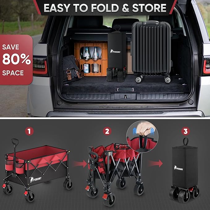 PTEROMY 150L Collapsible Wagon Cart Foldable, 360lbs Load Bearing Beach Cart Foldable Wagon for Shopping, Camping, Garden, Grocery, Outdoor (Black+Red)