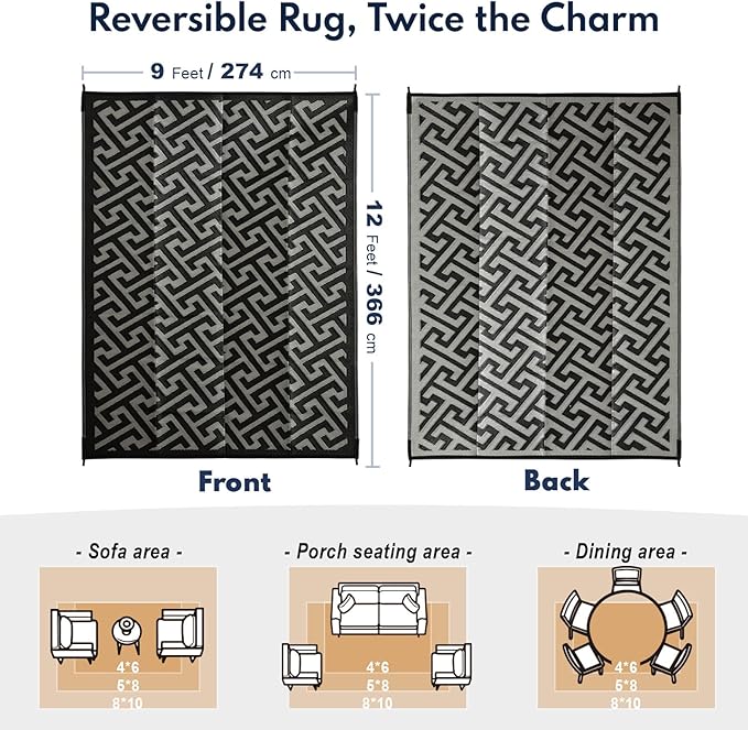 Waterproof Outdoor Rug 9x12 ft, Reversible Plastic Straw Rug, Easy to Clean Patio Rug, Portable Carpet for Patio, RV, Deck, Balcony, Backyard, Picnic, Beach, I-Shaped, Black