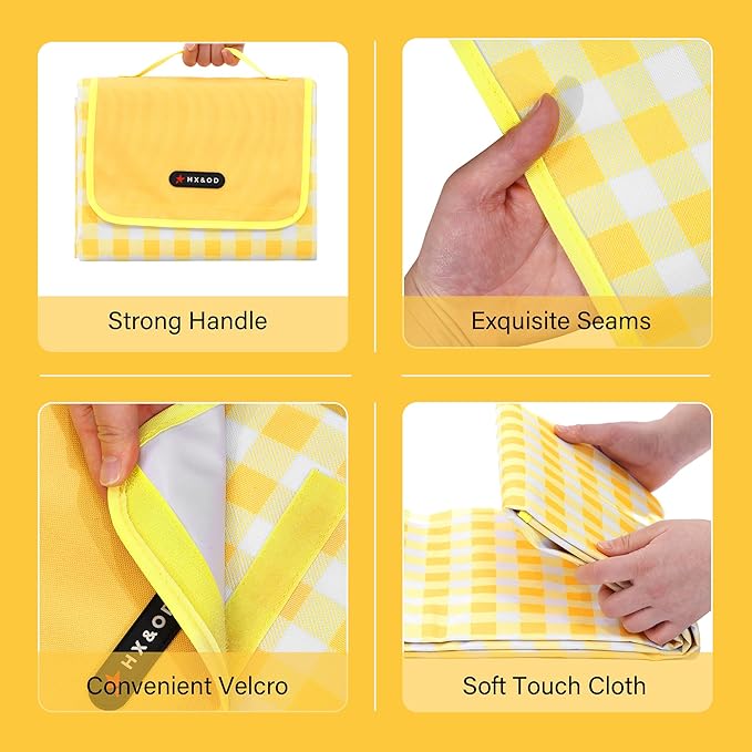Picnic Blanket Outdoor Extra Large Picnic Mat 80"X60" Camping Blanket Beach Blanket Foldable Waterproof Sand Mat Hiking Travel Family Concerts(Yellow)