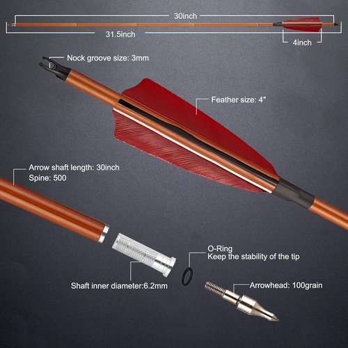 TOPARCHERY Premium 30" Carbon Hunting Arrows with 4" Real Turkey Feathers Fletching and Removable Tips - 500 Spine Practice Target Arrows for Compound & Recurve Bow Long Bow -12Pcs (Brown Shaft)