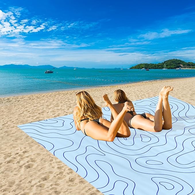 110''×118'' Beach Blanket for 2-8 Adults, Polyester Waterproof Sandproof Beach Mat with 4 Stakes & Storage Bag, Oversized Compact Foldable Blue Outdoor Pocket Blanket for Picnic, Travel, Camping