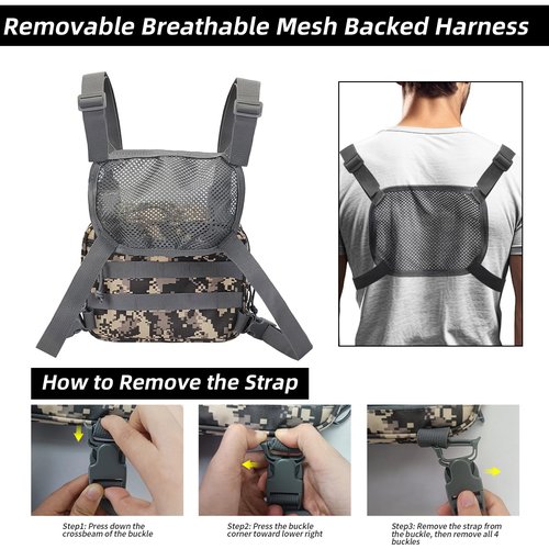 SUNRISING Tactical Chest Rig Bag Modular Tool Bag Tactical Molle Management Bag Detachable Magazine Pouches Plate with Strap Large Capacity Men's Chest Bag for Hunting Running Fly Fishing Grey Camou
