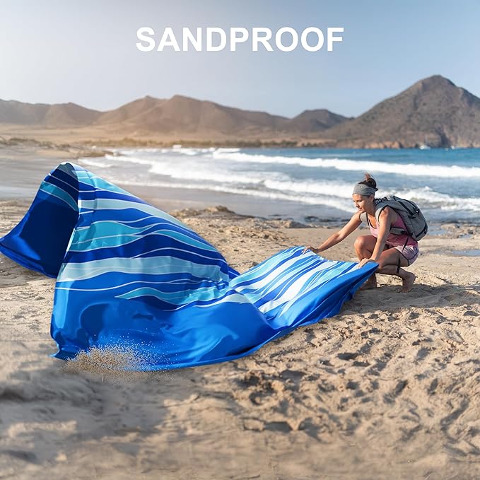 Mooreeke Beach Blanket Extra Large Oversized 9 x 10 ft, Blue Waves Sandproof Waterproof Quick Drying Lightweight Compact Outdoor Blanket Beach Mat for Family Travel Camping Picnic, 1-8 Adults