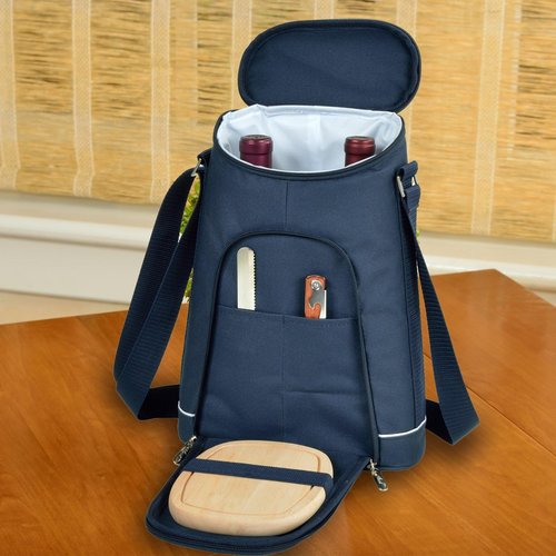 Insulated Wine Tote Bag for 2 Bottles with Cheese Board & Corkscrew - Olive Tweed