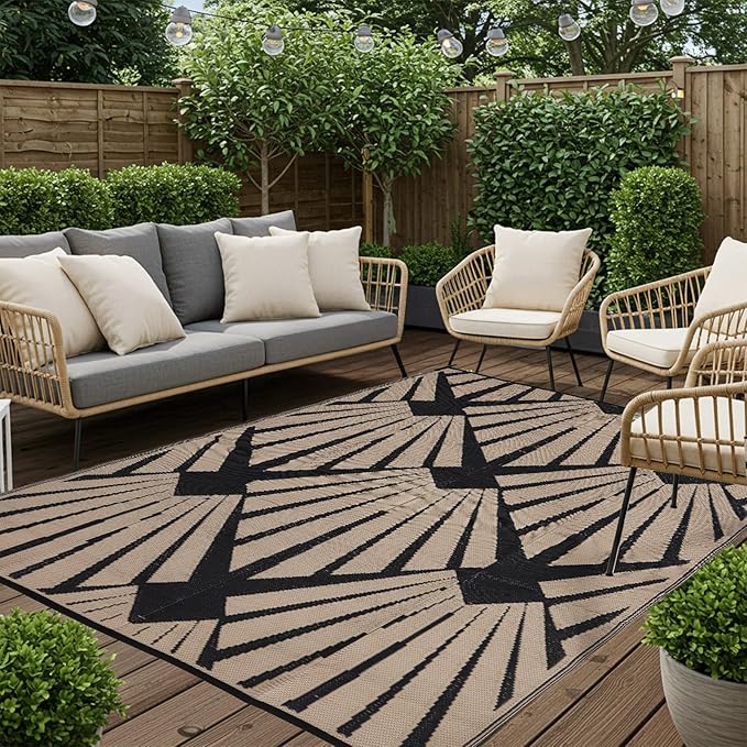 Outdoor Rug for Patio, 6x9 Ft Reversible Outdoor Plastic Straw Rug Waterproof Foldable Camping Mat with Uv Protection, Quick-Dry Straw Patio Carpet for Deck Rv Porch Backyard - Black & Brown