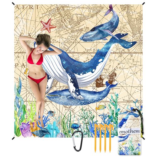 Eotheme Sandproof Beach Mat 79" X 82" for 4-7 Adults, Waterproof Quick Drying Lightweight Beach Blanket with 4 Stakes for Travel Camping Hiking (Whale)