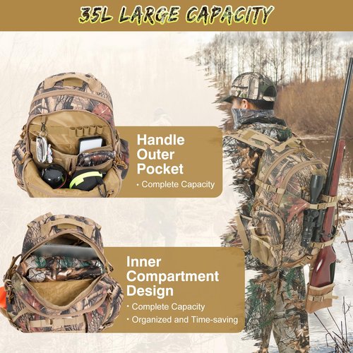 MOPHOTO 900D Waterproof Hunting Backpack for Men, 35L Large Durable Hunting Day Pack with Bow/Rifle Holder，Camo Hunting Pack with Rain Cover and Multiple Organized Pockets