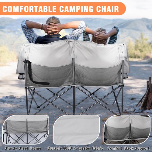 Double Camping Chairs, Oversized Loveseat Camping Chairs for Adults, Outdoor Folding Chairs Lawn Chairs Camping Couch with Cup Holder & Wine Glass Holder for Outside - Support 600Lbs (Grey)