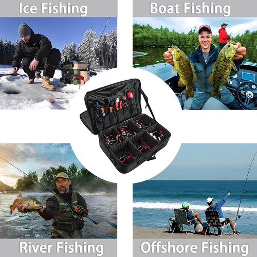 MZTXY Fishing Reel Case - Water-Resistant Backpack with Shockproof Dividers & Multiple Pockets for Ice Fishing Gear Storage & Trip/Daily Storage