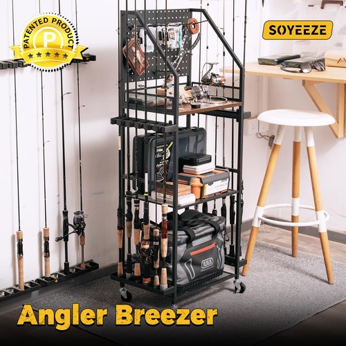 SOYEEZE Fishing Rod Holders for Garage, 3-Tire Fishing Pole Rack with Pegboard and Hooks, Fishing Gear Tackle Box Organizer Up to 12 Rods, Rolling Fishing Storage Cart with Lockable Wheels