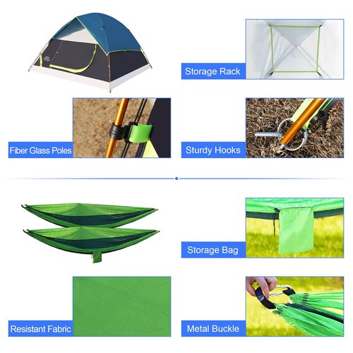 LANMOUNTAIN 9 Pcs Camping Set: Green Tent, 2 Sleeping Bags, 2 Sleeping Pads/Mats, 2 Single Hammocks With Tree Straps, 2 Lightweight Bed Blankets for Family Outdoor Activities