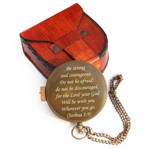 Be Strong and Courageous Engraved Sundial Compass, Confirmation Gift Ideas, Baptism Gift for Boys, Inspirational Gift for Men -Engraved 1:9 Sundial Compass Camping Compass