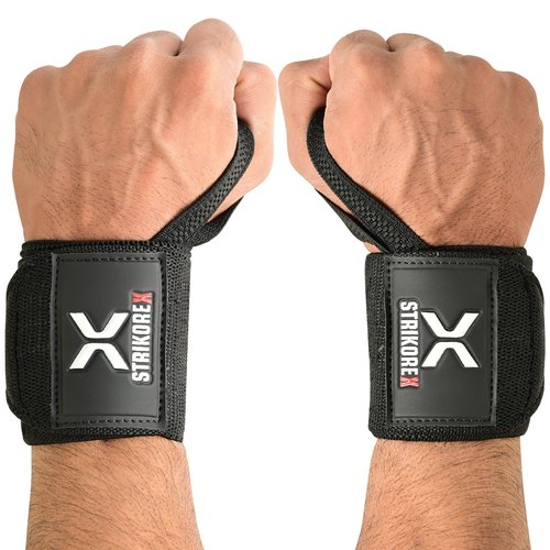 StrikoreX Wrist Straps for Weightlifting with Support for Men & Women 18", Gym Lifting Flexible Fit & Stiff Wrist Wraps Workout Equipment,Powerlifting Strength Training & Push Ups (BLACK/BLACK)