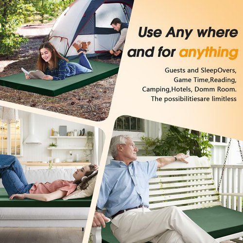 CYMULA Camping Cot Mattress 2in Memory Foam Sleeping Pad,Soft Warm Non-Slip Camping Mattress Topper with Retaining for Adults,Portable Roll up Pad for Travel(Green 75"x30")