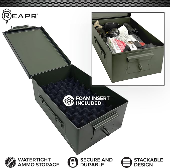 Reapr Steel Ammo Can, Heavy Duty Locking Metal Ammo Storage Box, Airtight and Watertight 30 Cal or 50 Cal Case for Rifle, Shotgun, Pistol, Military Footlocker Style Tool and Gear Organizer