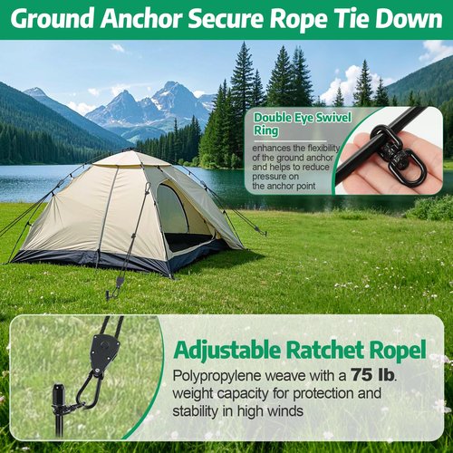 Tent Stakes Heavy Duty, 8 Pack 17.7" Ground Anchors Screw in, Trampoline Stake with 8 Adjustable RV Awning Tie Down Ratchet Straps for High Winds, Spiral Anchors Kit for Camping Swing Set Canopy Sheds