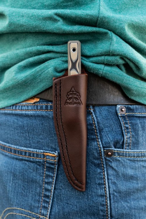 Tops Knives Wood Nymph Full Tang Fixed Blade- Tumble Finish- Brown Leather Sheath w Belt Loop (Tan/Black G10 Handle)