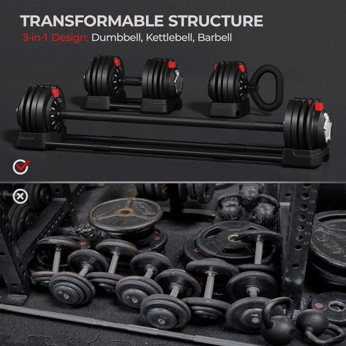 Yaheetech Adjustable Dumbbell 52.5lbs Free Weight Dumbbells Set 3 in 1 Fast Adjust Dumbbells Dumbbell Weight Set Used as Barbell, Kettlebells, with Tray, for Men/Women Home Gym Equipment, Black