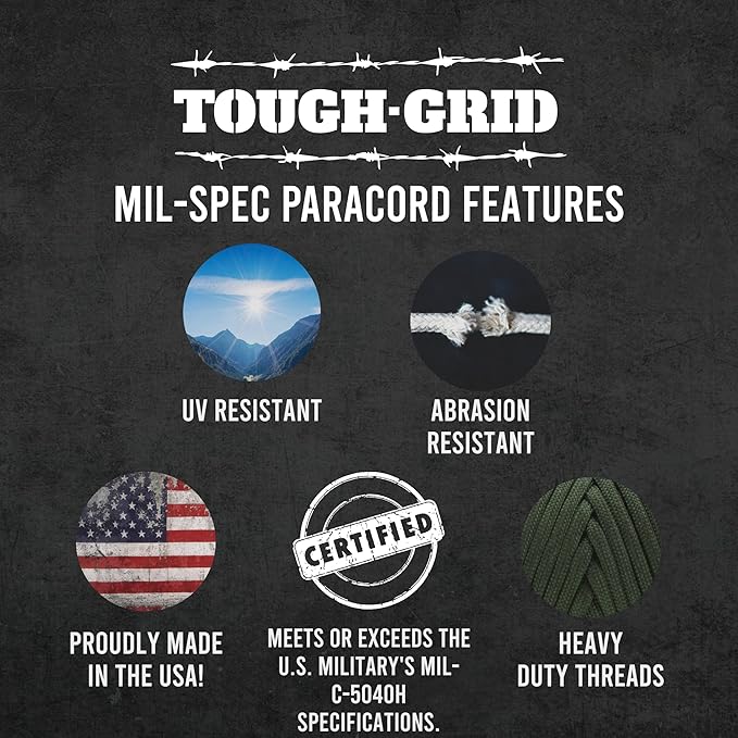 TOUGH-GRID Premium Neon Orange Paracord 550 lbs Made in USA Outdoor Survival Nylon Rope Tactical Heavy Duty Strands Parachute Cord Used by US Military Type III Mil-Spec