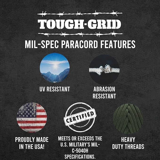 TOUGH-GRID Premium Neon Orange Paracord 550 lbs Made in USA Outdoor Survival Nylon Rope Tactical Heavy Duty Strands Parachute Cord Used by US Military Type III Mil-Spec