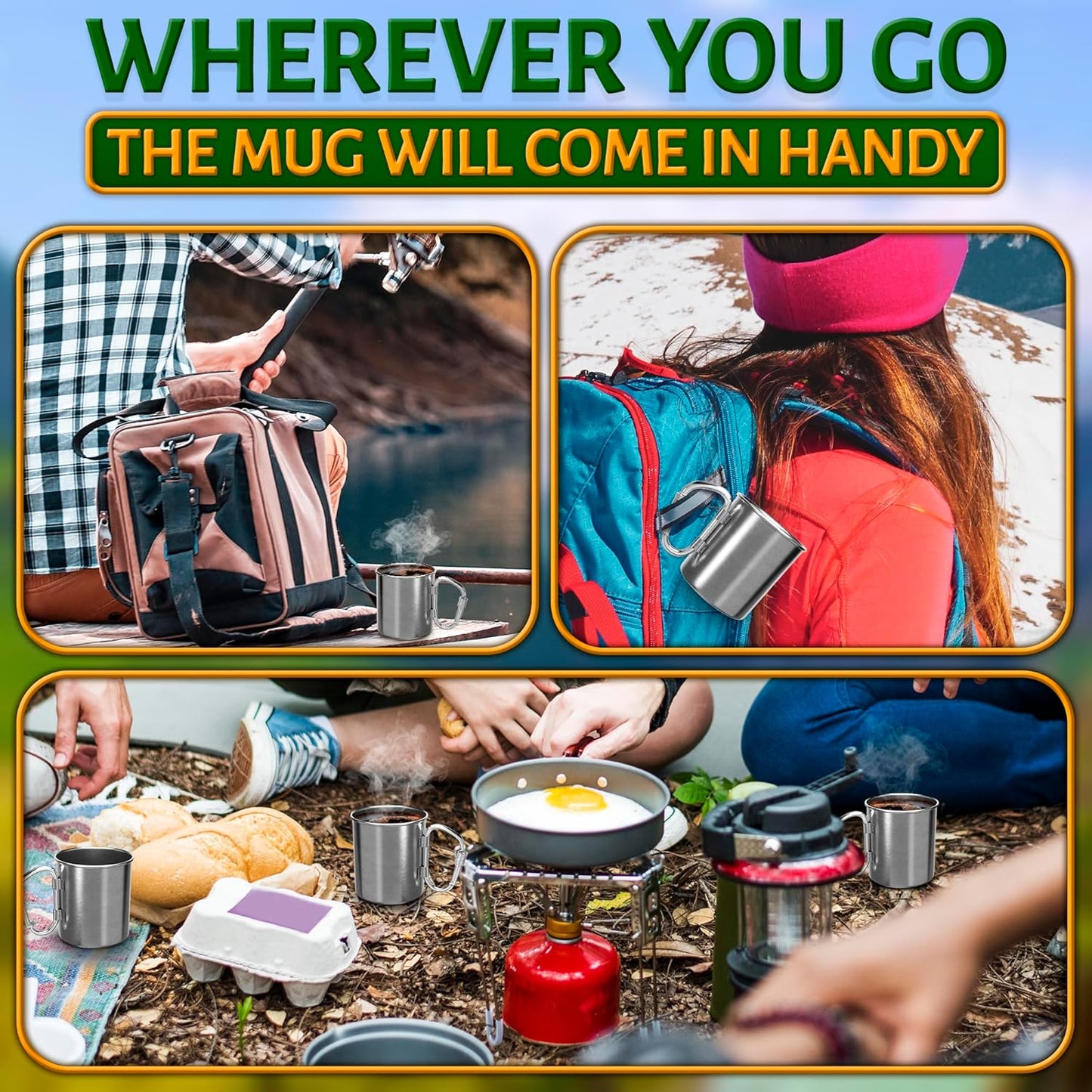 Stainless Steel Mug with Handle - Coffee Camping Mug with Carabiner Handle Portable Backpack Outdoor Cup Lightweight Camping Gear for Men - 13.5Oz Backpacking Coffee Cup Hiking Gift Climbing Mug