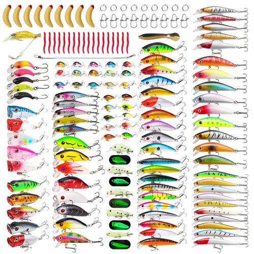 TSKS 150pcs/set Fishing Artificial Lures Kit Mixed with Front Diving Fin Minnow Surface Popper Crank Baits Pencil VIB with Hook and Soft Lures Accessories for Saltwater Freshwater Trout Bass Tackle