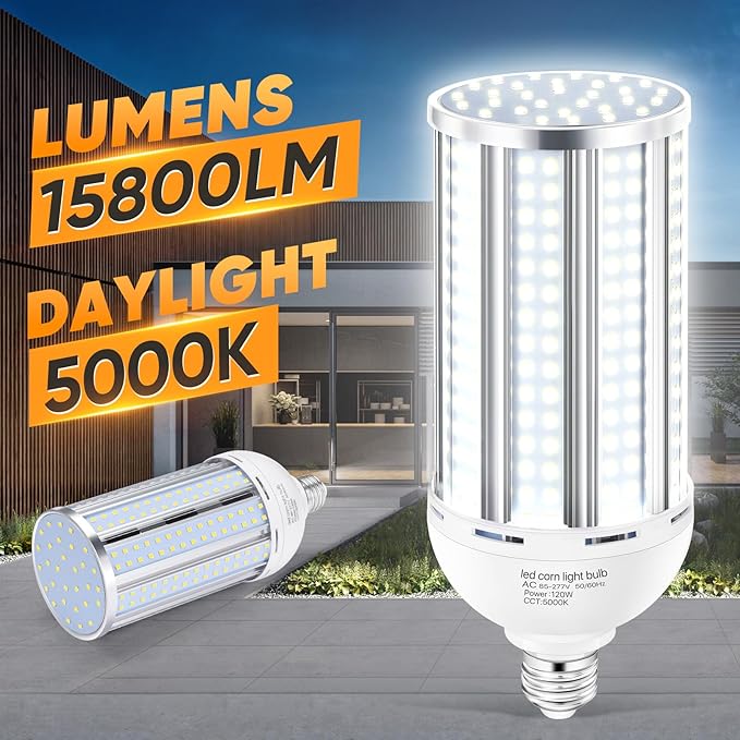 2 Pack 120W Corn LED Light Bulb Fanless,5000K Daylight(1200 Watt Equivalent) E26/E39 Large Mogul Base LED Cob Lamp 15,800LM for Outdoor Indoor Garage Warehouse Factory Workshop Street Backyard