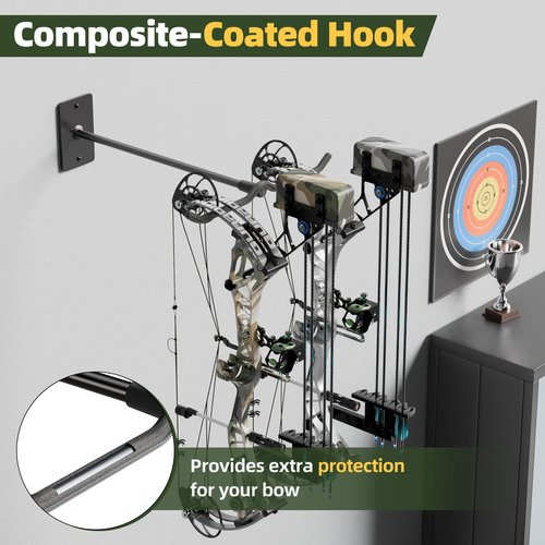 POOWEE Compound Bow Hanger for Wall - Heavy Duty Steel Compound Bow Holder, Recurve Bow Wall Mount with Durable Composite Padding, Bow Hanger Display for 2 Bows, Vertical Storage Bow Hangers for Wall