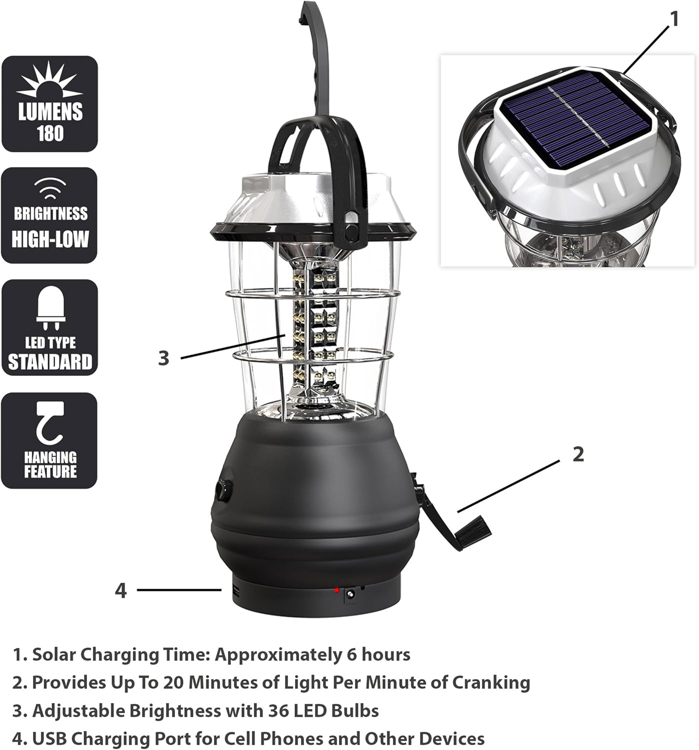 Solar Powered Hand Crank Lantern - Rechargeable LED Light for Camping & Outdoors