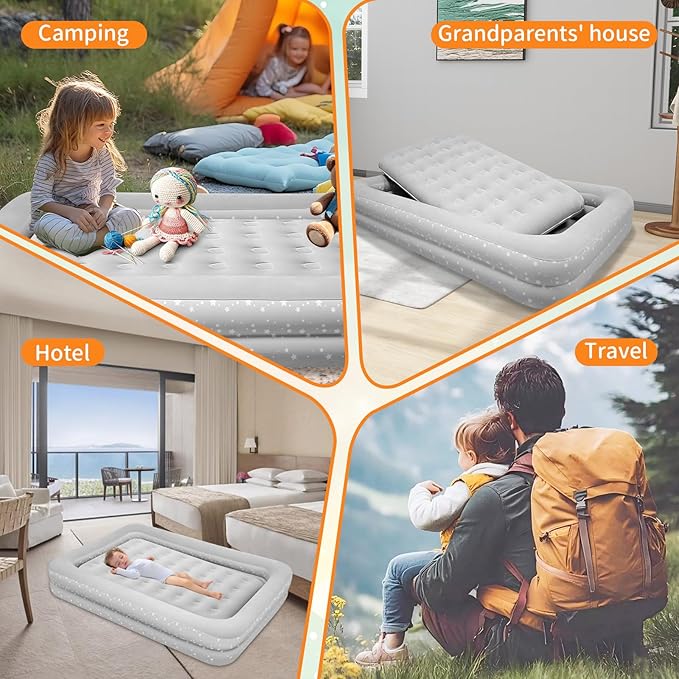 Air Mattress for Kids 4-7 Years - Toddler Travel Bed with Built-in Pump, Sides for Safety, Ultra Soft Plush Surface - Portable Kids Sleeping Pad for Camping, Hotels, Sleepovers & Grandparents' House