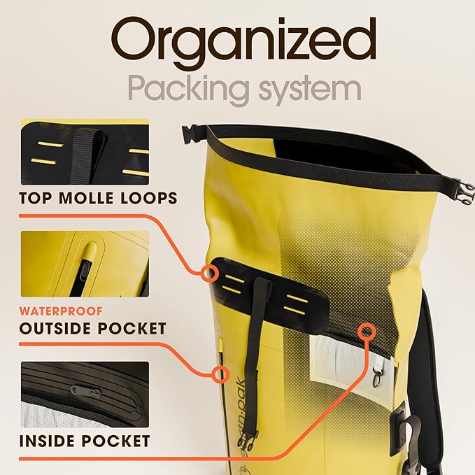 Earth Pak Waterproof Backpack - Heavy Duty Hiking Backpack - Roll-Top Closure - Waterproof Bag - Cushioned Dry Bags Waterproof w/ IPX8 Waterproof Phone Case - Wet Bag for Hiking, Kayak