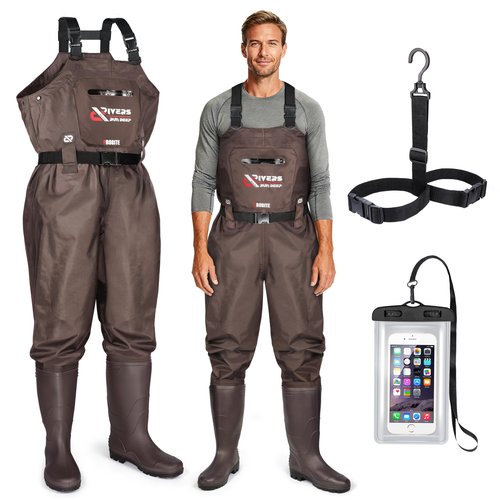 PROBITE Fishing Chest Waders for Men Women with Boots Waterproof 2-ply Nylon PVC Lightweight Waders for Hunting(M7/W9,Brown)